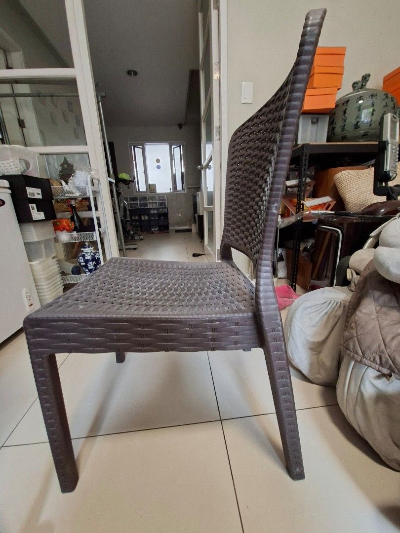 Brown Rattan Style Plastic Dining/Garden Chairs (Category: Chairs) located in Manila. Submitted by olxph_181341877 (Listing ID 1467632138, Image 2). Description: - Color: Brown - Material: Sturdy plastic with stylish woven rattan texture - Design: Space-saving stackable style - Versatility: Perfect for both indoor and outdoor seating - Availability: Selling as a set of 4 - Fulfillment: Pick up preferred.