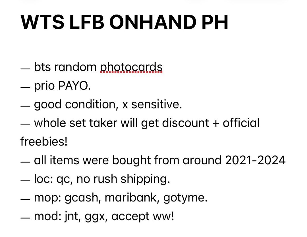BTS Photocards Official Onhand PH (Category: K-Wave Merchandise) located in Quezon City. Submitted by bubbledkoo (Listing ID 1467692098, Image 2). Description: - Item: BTS Random Photocards (Onhand in PH) - Timeline: Purchased between 2021 to 2024 - Location: Quezon City (No rush shipping) - Perks: Special discount and official freebies for whole set takers - Payment: GCash, Maribank, GoTyme - Delivery: JNT, GGX, and Worldwide shipping accepted.