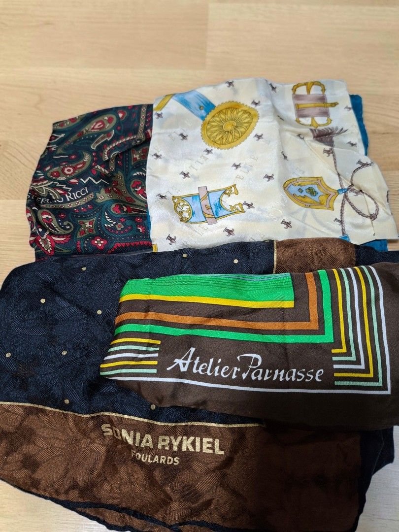 BUNDLE 4 BRANDED SCARVES (Category: Scarves) located in Las Pinas. Submitted by annachiaonair2037 (Listing ID 1467684532, Image 1). Description: BUNDLE 4 BRANDED SCARVES FROM JAPAN STEFANO RICCI (MEDIUM) SONIA RYKIEL (LARGE) ELLE PARIS (MEDIUM) ATELIER PARNASSE (MEDIUM) DIFFERENT SIZES Disclaimer: I am not affiliated with, associated with, or authorized by any of the brands featured posted. Any mention of brand names, trademarks, or logos is sole