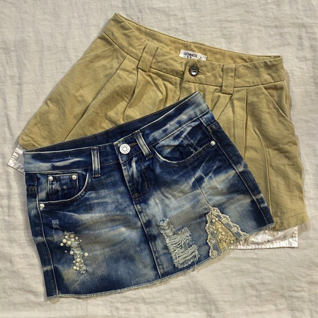 {BUNDLE} Denim Mini Skirt (Category: Skirts) located in Manila. Submitted by yannaapril (Listing ID 1467731134, Image 2). Description: - Set of 2 denim mini skirt - Piece 1: Distressed mini skirt with lace and pearls - Piece 2: Beige pleated mini skirt with overlapping pockets Best fit size (inches) | Waist 25-27 Bundle Price - 150 | 80 each.