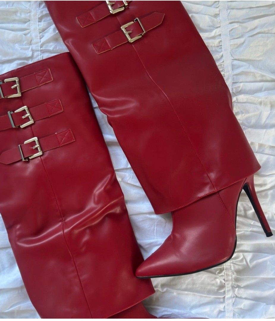 Burgundy Red Leather Boots (Category: Boots) located in Baguio. Submitted by shopmycl0sets (Listing ID 1467663082, Image 2). Description: ✔️ Color: Burgundy- Red ✔️ Style: Leather over-the-knee boots with pointed toe and high stiletto heels ✔️ Details: Foldover cuff design with adjustable buckle straps around the upper shaft ✔️ Condition: 10/10 Clean soles and crisp material ** Used only twice for photoshoot! .