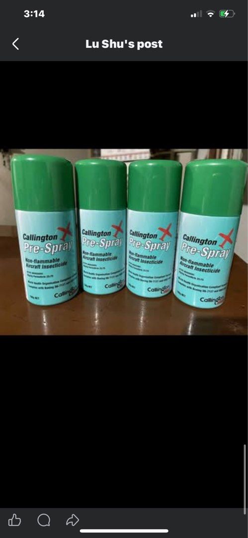 Callington Pre-Spray Aircraft Insecticide (Category: Pest Control) located in Subic. Submitted by kixiecruz42782 (Listing ID 1467671716, Image 2). Description: Callington pre-spray aircraft insecticide, made in Australia. Non-flammable formula, keeps cargo holds and cabins free from pests. Protects against vector-borne diseases like Dengue, Malaria, and Zika. Expiry date in 2029. Retails for over 2000 pesos online, offering it here for 700 pesos 