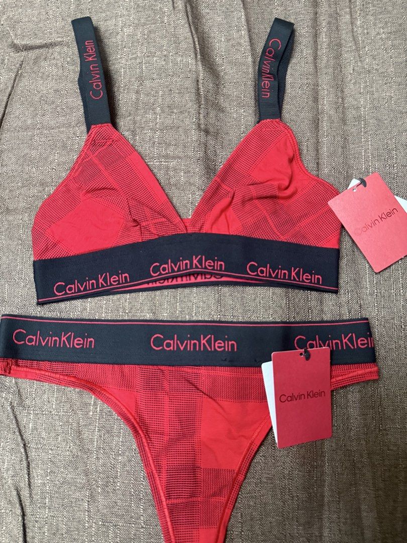 Calvin Klein Bralette and Thong Set Plaid (Category: Undergarments & Loungewear) located in Cainta. Submitted by amswardrobe (Listing ID 1467837210, Image 2). Description: - Authentic Calvin Klein unlined bralette and thong set - Trendy red/white check plaid pattern with black logo elastic bands - Size: S - Condition: Brand new with tags attached - Super comfortable, perfect for everyday wear 600 per set 1400 take all .