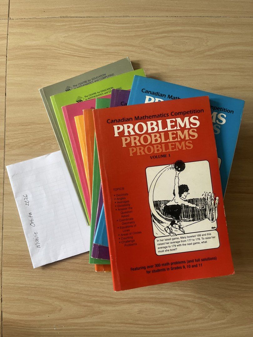 Canadian Mathematics Competition PROBLEMS Volumes 1-9 (Category: Textbooks) located in Tanza. Submitted by morbita (Listing ID 1467621301, Image 1). Description: 9 Volume Canadian Mathematics Competition Math Problem Book - no plastic cover - no annotations at all - by CENTRE for EDUCATION in MATHEMATICS and COMPUTING - featuring over 300 math problems (and full solutions) for students in Grades 9, 10 and 11 - 80 each. 650 for whole set / 9 volum