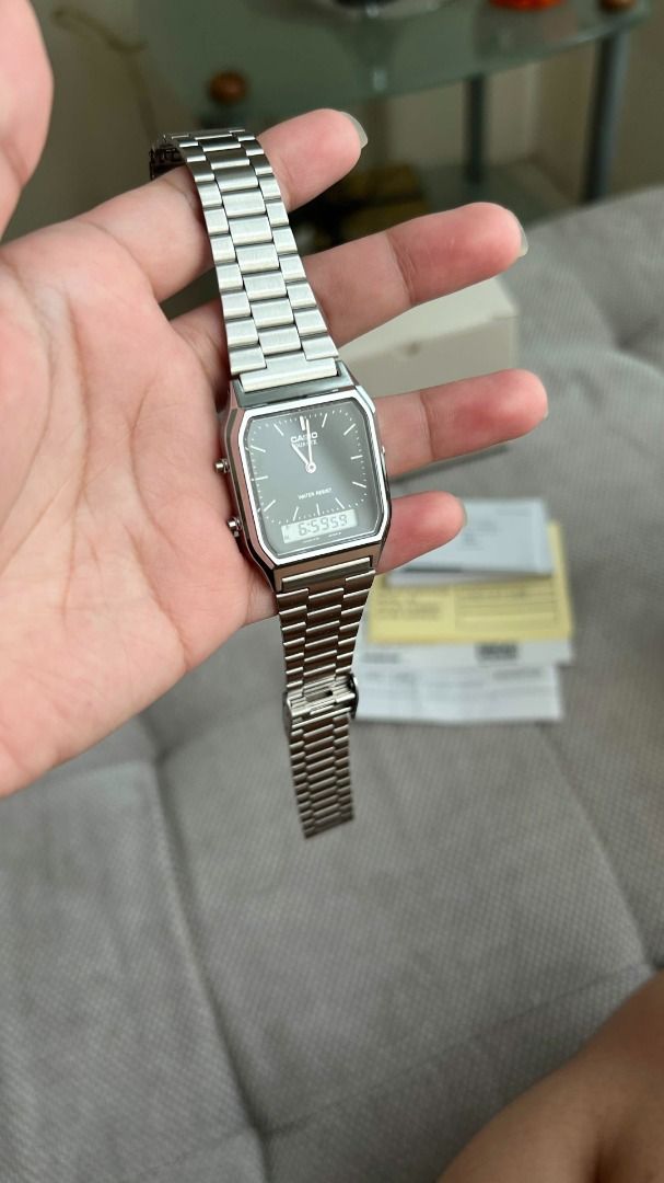 Casio AQ-230A-1DMQD Digital Analog Watch (Category: Men's Watches) located in Caloocan City. Submitted by lydiiapreloved19 (Listing ID 1467616666, Image 1). Description: bought 07 Oct 2026. with original box, guarantee certificate and receipt. RFS: we ordered online. dial size doesn't fit my bf's wrist Stainless Steel Strap Watch Ion Plated Stainless Steel band width 15 millimeters Water resistant 3 atm.