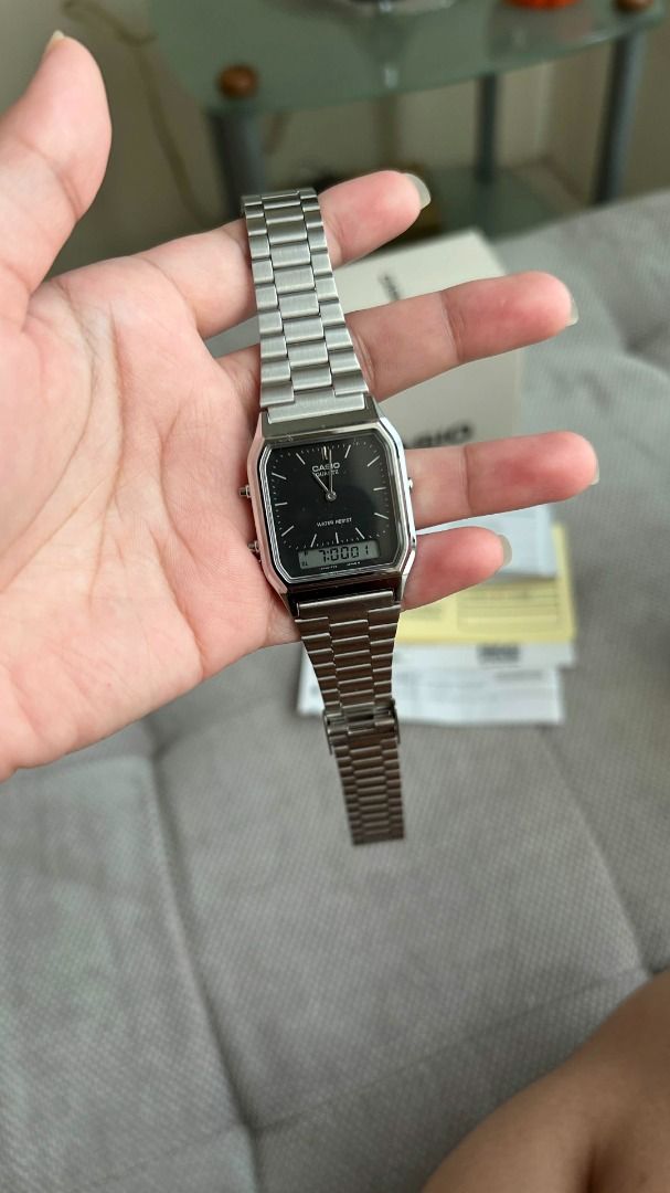 Casio AQ-230A-1DMQD Digital Analog Watch (Category: Men's Watches) located in Caloocan City. Submitted by lydiiapreloved19 (Listing ID 1467616666, Image 3). Description: bought 07 Oct 2026. with original box, guarantee certificate and receipt. RFS: we ordered online. dial size doesn't fit my bf's wrist Stainless Steel Strap Watch Ion Plated Stainless Steel band width 15 millimeters Water resistant 3 atm.