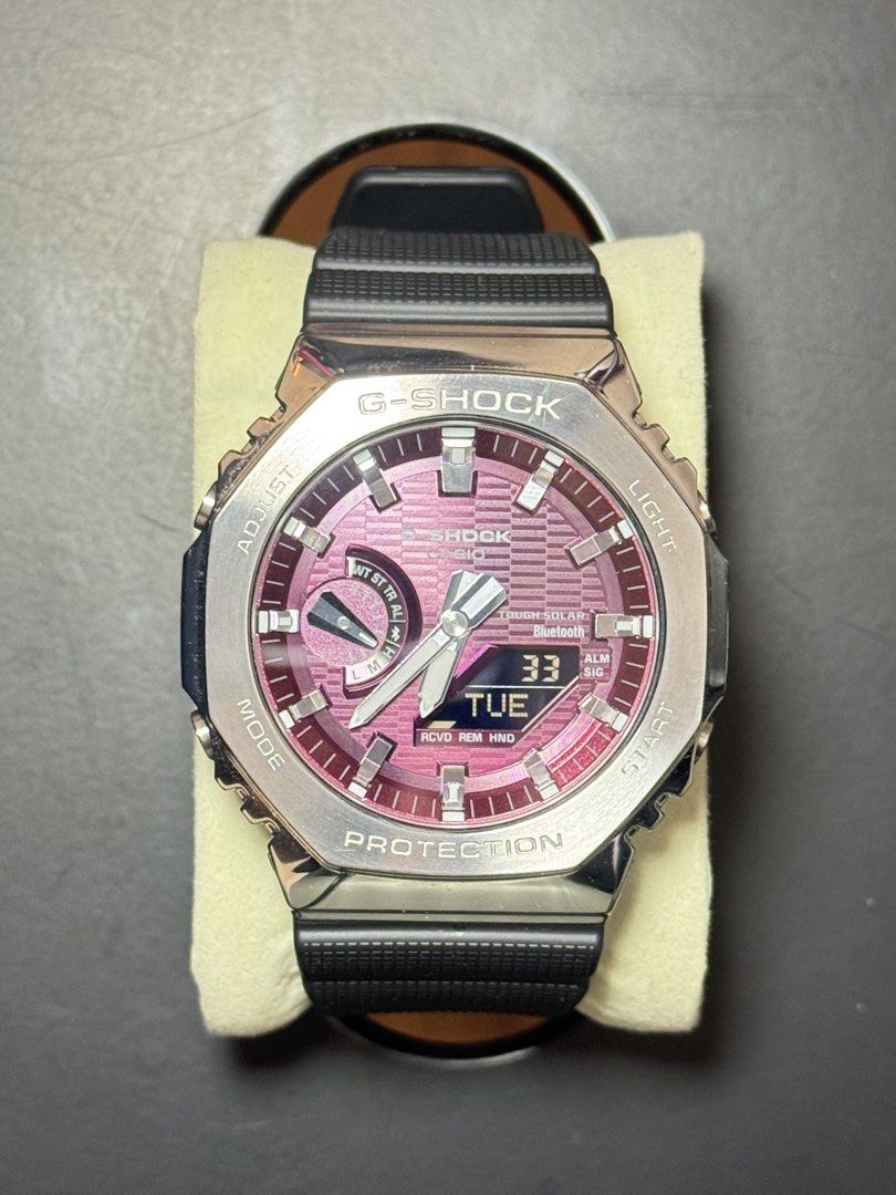 Casio G-Shock GBM-2100A-4B Burgundy Solar Bluetooth Watch (Category: Men's Watches) located in Manila. Submitted by bhoya (Listing ID 1467745725, Image 2). Description: 🔥 STEAL DEALS ❗️STEAL DEALS ❗️🔥 FOR SALE: ⌚ 1. CASIOAK BURGUNDY (CASIO G-SHOCK GBM-2100A-4B) - Dial: Striking burgundy textured dial with analog and digital displays - Build: Silver metal bezel, polished casing, and durable black resin strap - Crystal: Clean and scratch-free - F