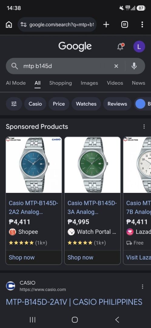 Casio MTP-B145D-2A2VDF Analog Watch (Category: Men's Watches) located in Pasig City. Submitted by limuel_511 (Listing ID 1467661676, Image 1). Description: - Model: Casio MTP-B145D-2A2VDF - Dial: Vibrant bright blue - Material: Stainless steel case and bracelet - Water Resistance: 50m - Movement: Reliable quartz - Condition: Brand new and unworn - Inclusions: Comes with original box and instruction manual and warranty card for 6 months. DOP Sep 2