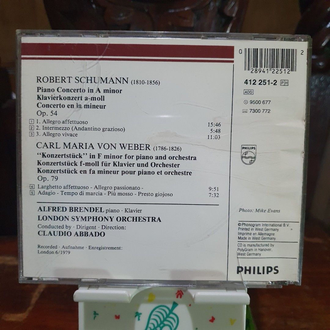 [CD] Alfred Brendel Claudio Abbado Schumann Weber Philips Classics (Category: CDs & DVDs) located in Quezon City. Submitted by collectionneursonline88 (Listing ID 1467825555, Image 2). Description: - Artist/Performer: Alfred Brendel (Piano), Claudio Abbado, London Symphony Orchestra - Album: Robert Schumann Piano Concerto Op. 54 & Carl Maria von Weber Konzertstück Op. 79 - Label & Catalog No.: Philips (412 251-2) - Pressing: Made in West Germany 