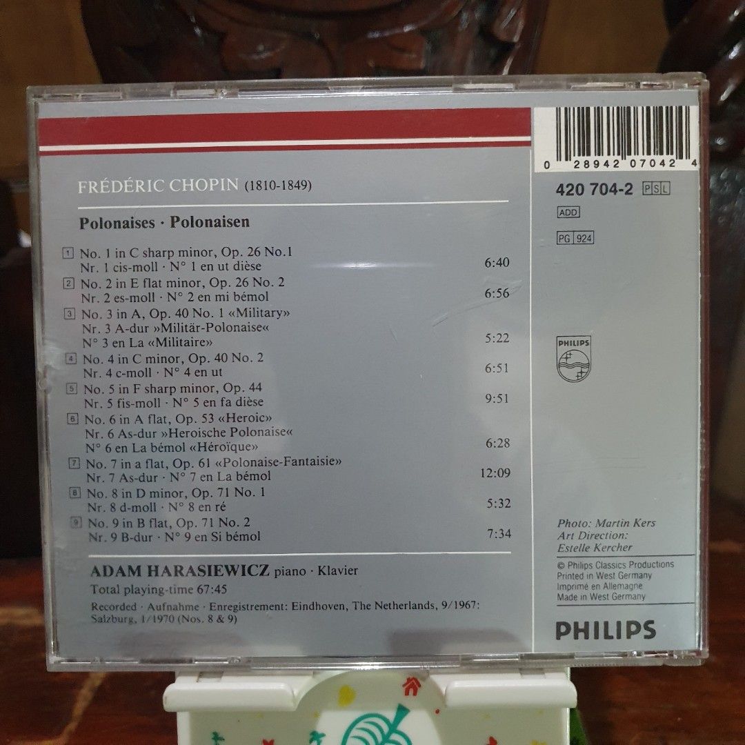 [CD] Chopin Polonaises 1-9 Adam Harasiewicz Philips Silver Line Classics (Category: CDs & DVDs) located in Quezon City. Submitted by collectionneursonline88 (Listing ID 1467824713, Image 2). Description: - Artist: Adam Harasiewicz - Album: Chopin Polonaises Nos. 1-9 - Label: Philips Silver Line Classics (420 704-2) - Recording: Salzburg, 1970 - Format: Standard jewel case with front insert and back inlay - Playing Time: 67:45 - Condition: Classic