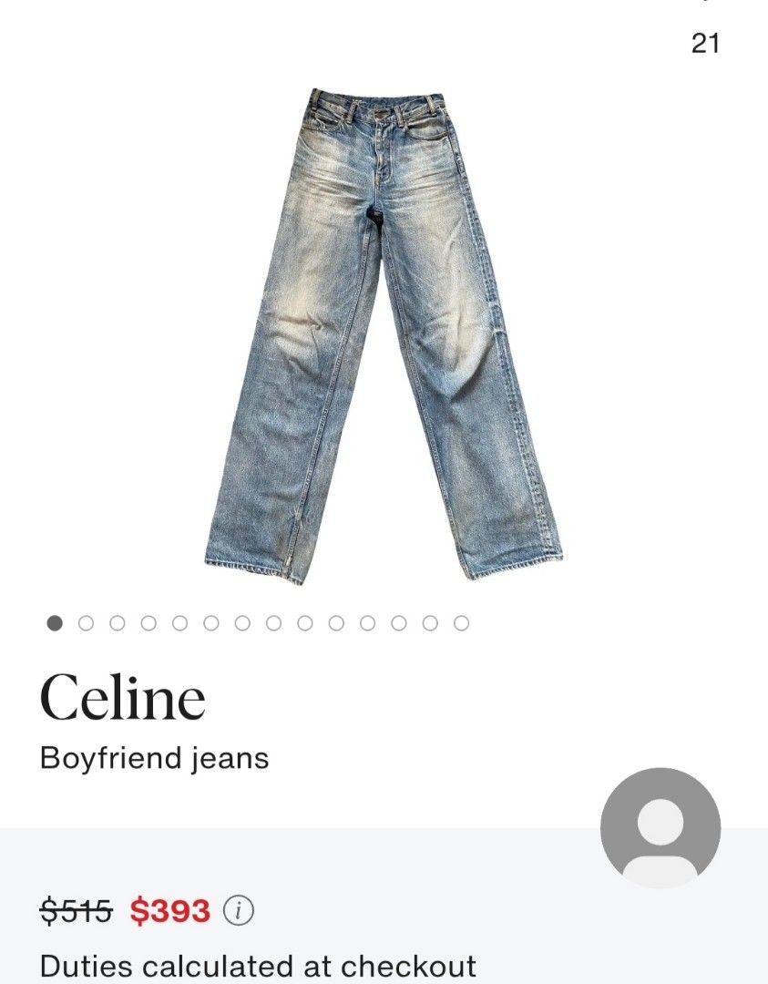 Celine Boyfriend Jeans (Category: Jeans) located in Naga. Submitted by secondspinv2 (Listing ID 1467760920, Image 2). Description: Celine Boyfriend Jeans ✅Size: 29 ✅Waist: 30 ✅Length: 42 ✅Hem: 10 ✅Color Rate: 9.5/10 ✅No Issue ✅Need Wash ✅Location: Bicol Naga City, Camarines Sur ✅Courier: J&T Express/Flash Express ✅MOP: Gcash only.