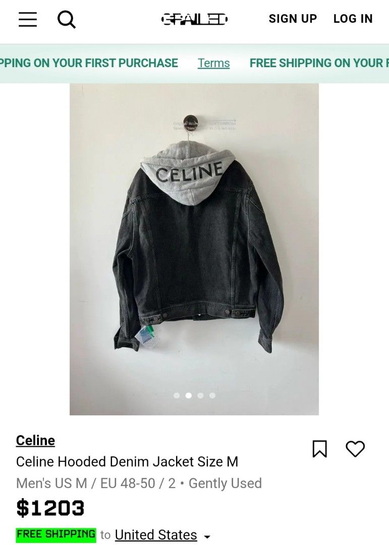 Celine Hoodie Denim Jacket (Category: Coats, Jackets and Outerwear) located in Naga. Submitted by secondspinv2 (Listing ID 1467765222, Image 2). Description: Celine Hoodie Denim Jacket ✅Size: S ✅Waist: 22 ✅Length: 24 ✅Sleeve: 26 ✅Color Rate: 9.5/10 ✅No Issue ✅Need Wash ✅Location: Bicol Naga City, Camarines Sur ✅Courier: J&T Express/Flash Express ✅MOP: Gcash only.