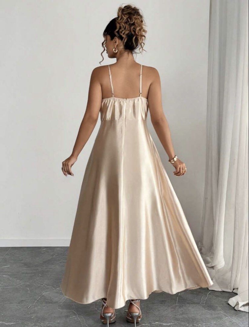Champagne Satin Dress (Category: Dresses) located in Pasig City. Submitted by megistus (Listing ID 1467690346, Image 2). Description: - no issues, worn once only - size: 2XL (SHEIN sizing) - you may check the last picture for the accurate measurements rfs: nasuot na + decluttering mode of payment: gcash mode of delivery: lalamove *shipping fee is shouldered by buyer.