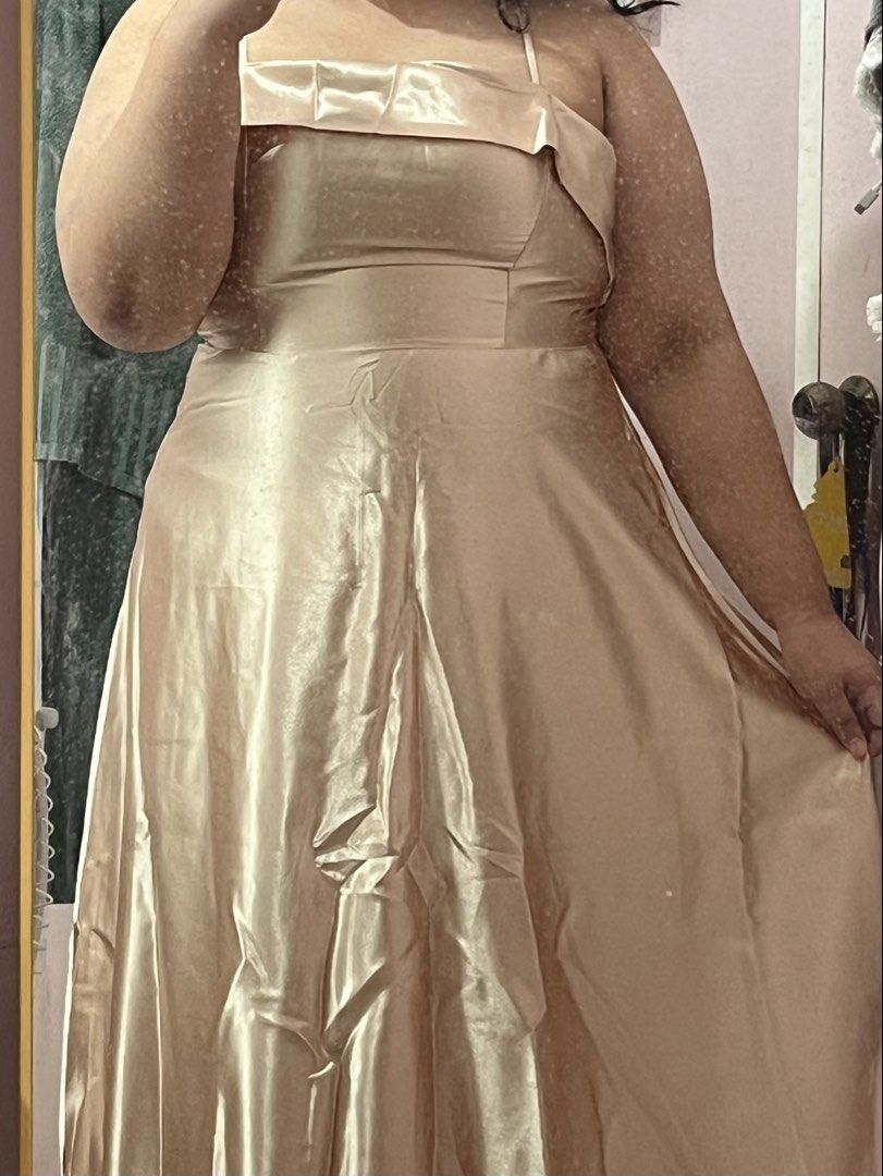 Champagne Satin Dress (Category: Dresses) located in Pasig City. Submitted by megistus (Listing ID 1467690346, Image 3). Description: - no issues, worn once only - size: 2XL (SHEIN sizing) - you may check the last picture for the accurate measurements rfs: nasuot na + decluttering mode of payment: gcash mode of delivery: lalamove *shipping fee is shouldered by buyer.