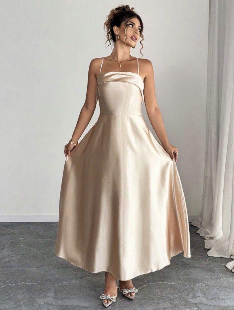 Champagne Satin Dress (Category: Dresses) located in Pasig City. Submitted by megistus (Listing ID 1467690346, Image 1). Description: - no issues, worn once only - size: 2XL (SHEIN sizing) - you may check the last picture for the accurate measurements rfs: nasuot na + decluttering mode of payment: gcash mode of delivery: lalamove *shipping fee is shouldered by buyer.