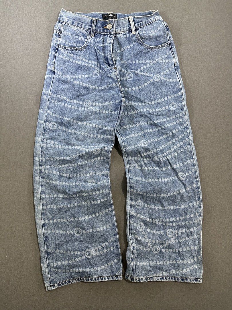 Chanel Denim Pearl Print Pants (Category: Luxury Apparel) located in Bacolod City. Submitted by dannnsoy (Listing ID 1467653507, Image 1). Description: Chanel Denim Pearl Print Pants •In very good condition •Dimension: 26” x 36.5” •Issue: Altered length and width •Price: 999 only 📍Note: Color may vary to due lighting and camera resolution. .