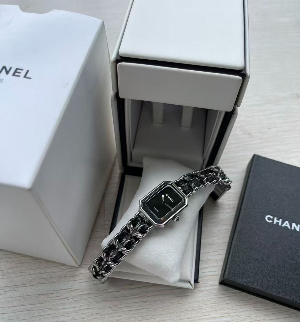 Chanel Premiere Chain Watch Black Dial Silver (Category: Luxury Watches) located in Muntinlupa City. Submitted by azuomaigor72472 (Listing ID 1467693077, Image 2). Description: - Authentic Chanel Premiere watch in excellent condition - Silver-tone metal and black leather interlaced chain strap (worn bracelet-style) - Black rectangular dial with minimalist hands and reliable Swiss movement - Iconic octagonal case inspired by the geometry of Place 