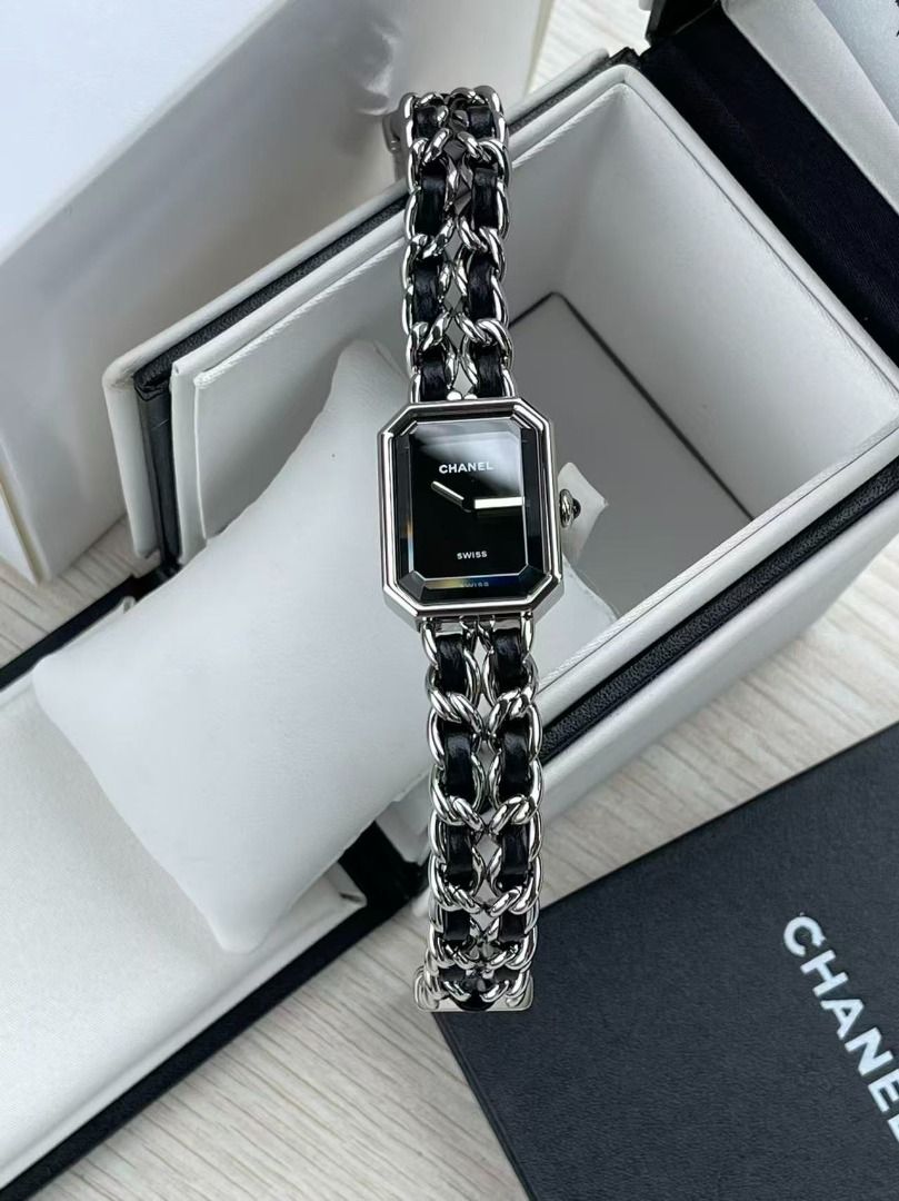 Chanel Premiere Chain Watch Black Dial Silver (Category: Luxury Watches) located in Muntinlupa City. Submitted by azuomaigor72472 (Listing ID 1467693077, Image 3). Description: - Authentic Chanel Premiere watch in excellent condition - Silver-tone metal and black leather interlaced chain strap (worn bracelet-style) - Black rectangular dial with minimalist hands and reliable Swiss movement - Iconic octagonal case inspired by the geometry of Place 