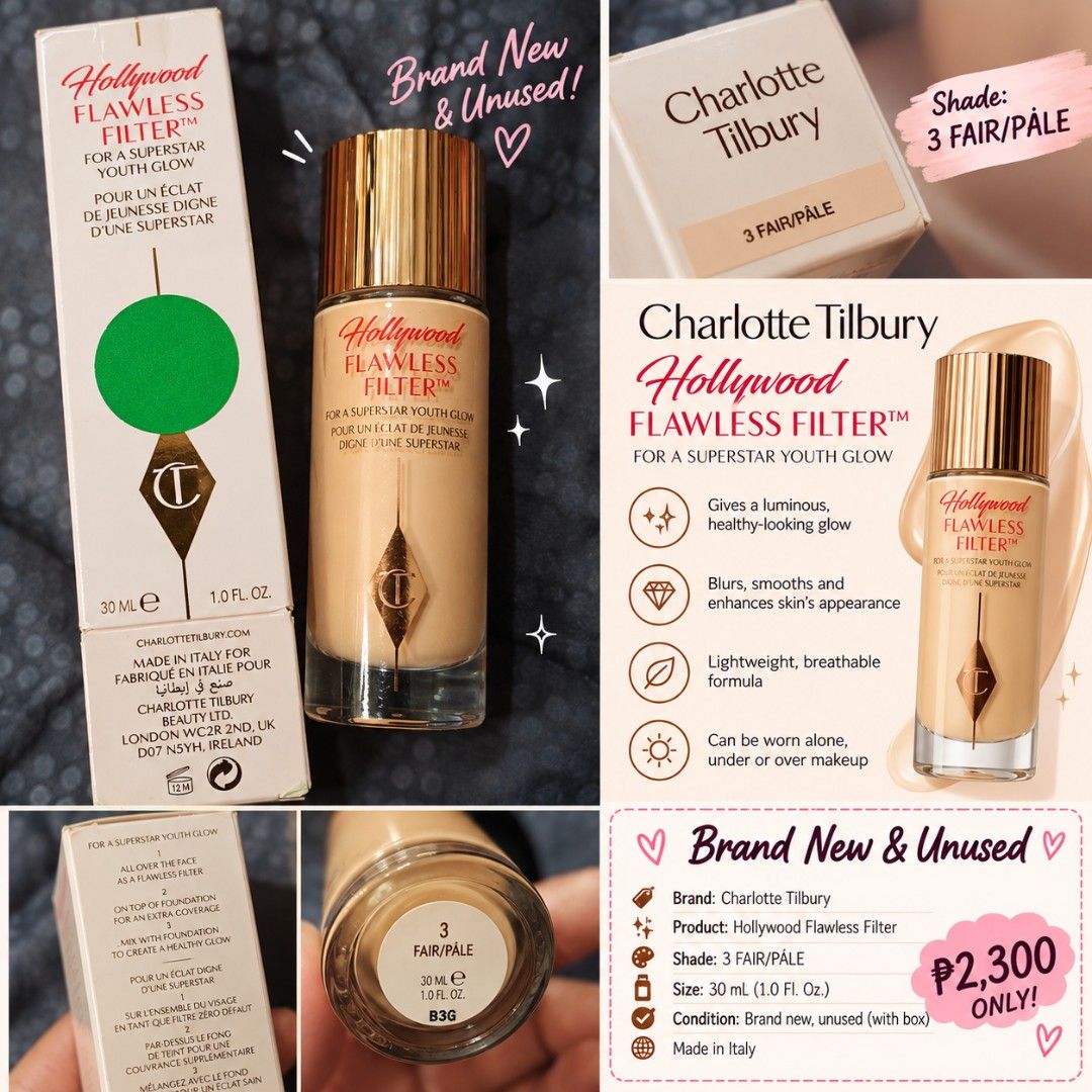 CHARLOTTE TILBURY HOLLYWOOD FLAWLESS FILTER Foundation (Category: Makeup) located in Manila. Submitted by smartluxeph (Listing ID 1467706529, Image 1). Description: 💖✨ CHARLOTTE TILBURY HOLLYWOOD FLAWLESS FILTER ✨💖 💄 SHADE 3 – FAIR/PALE | 30mL 🌟 BRAND NEW & UNUSED — WITH BOX! Get that gorgeous, luminous, celebrity-inspired glow! ✨ 💕 Why you'll love it: ✨ Gives skin a beautiful, radiant, healthy-looking glow ✨ Blurs imperfections for a smooth