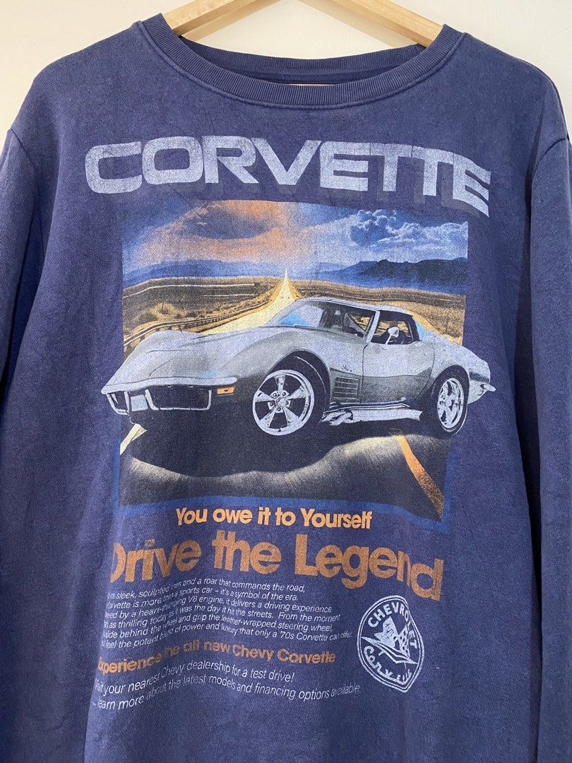 CHEVROLET, Sweatshirt (Category: Coats, Jackets and Outerwear) located in Cavite. Submitted by jc_thrift95 (Listing ID 1467771153, Image 2). Description: - This is a navy blue Chevrolet Corvette “Drive the Legend” graphic crewneck fleece sweatshirt. - Medium - L- 28 inch - W- 25 inch - Color rate 8/10 - See picture details for dimes..