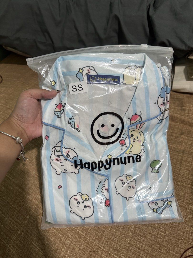 Chiikawa Blue Striped Pyjamas Set (Shorts) (Category: Sets or Coordinates) located in Victoria. Submitted by gcel01 (Listing ID 1467773148, Image 1). Description: - Brand: Happynune (Bangkok Thailand) - Design: Chiikawa light blue and white stripes - Size: Can fit small - large body frame - Fabric: Korean Silk - Condition: Brand new, unopened, and still sealed in original plastic zipper bag.