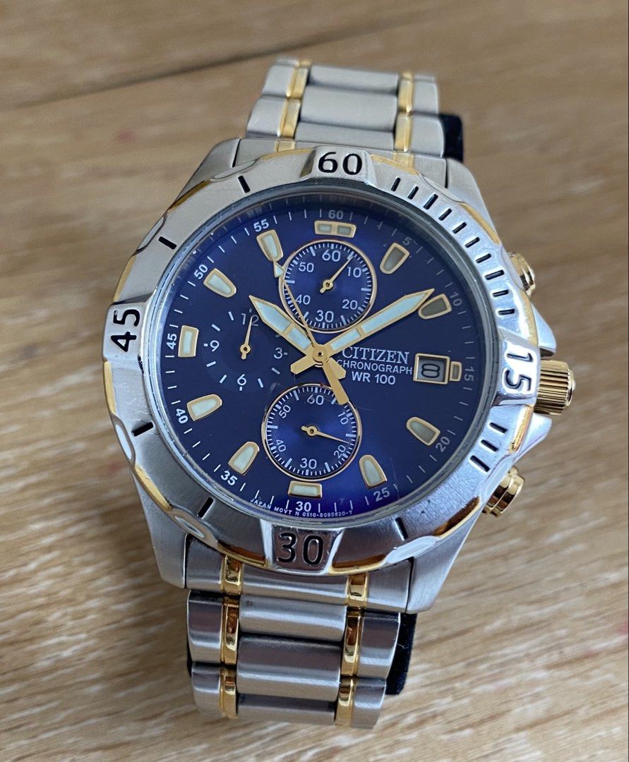 Citizen Chronograph WR 100 Two-Tone Watch (Category: Men's Watches) located in Manila. Submitted by timeisgoldyoyongpinoy (Listing ID 1467815912, Image 1). Description: FOR SALE!🙂 ORIGINAL Citizen Quartz Chronograph •Model AN3394-59L • Dial: Striking deep blue finish featuring three chronograph sub-dials, a date complication window at the 3 o’clock position, and luminous gold-tone skeletonized hands and indices. • Case & Bezel: A robust 39mm–41m
