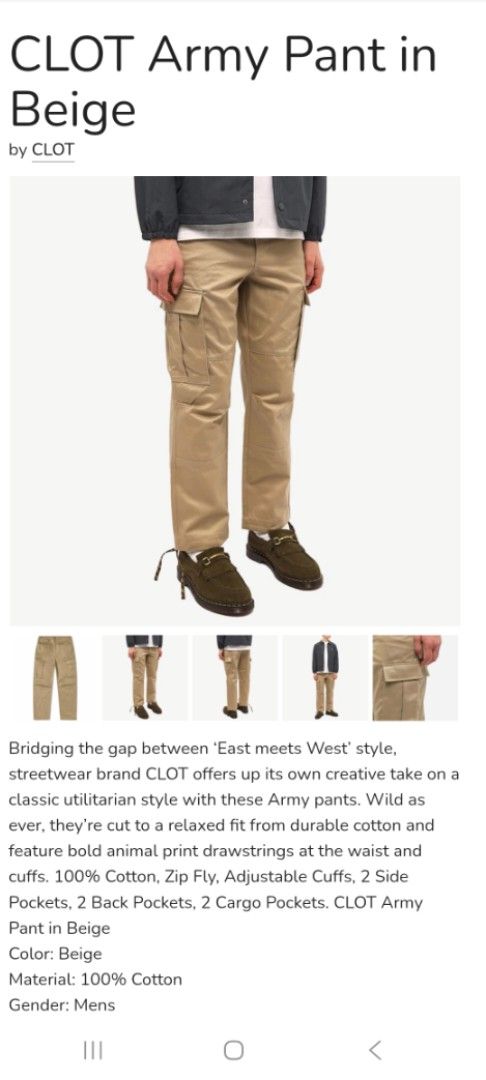 Clot Khaki Army Utility Cargo Pants (Category: Trousers) located in Pasig City. Submitted by hustlexcurate (Listing ID 1467706067, Image 2). Description: Clot Khaki Army Utility Cargo Pants Size MEDIUM Dimensions; Waist: 32 inches Lenght: 41 inches Leg Opening: 8 inches.