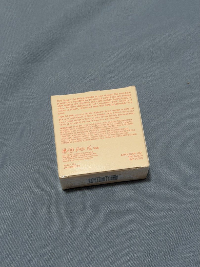 Colourette Mini Third Base Invisible Setting Powder (Category: Makeup) located in Cavite. Submitted by mcxmcxmc (Listing ID 1467616557, Image 3). Description: - Brand: Colourette - Product: Mini Third Base Invisible Setting Powder - Shade: Invisible (suitable for all skin tones) - Size: Net weight 3.5g - Condition: Brand new, sealed in original box - Formulation: Talc-free, non-comedogenic - Key Ingredients: Infused with niacinamide and hyaluroni