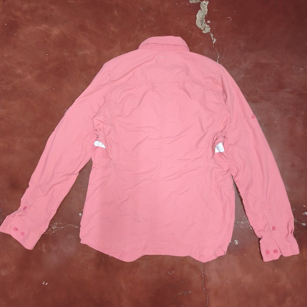 Columbia Titanium Pink Long Sleeve (Category: Activewear) located in Antipolo. Submitted by alphaomega_fox (Listing ID 1467712788, Image 2). Description: Columbia Titanium long sleeve shirt in pink. Button-up front with dual chest utility pockets and velcro closures. Extra pocket on the left sleeve. Lightweight fabric with mesh ventilation panels on the back shoulders for outdoor activities or hiking. Regular fit, button cuffs. large on tag 19x26