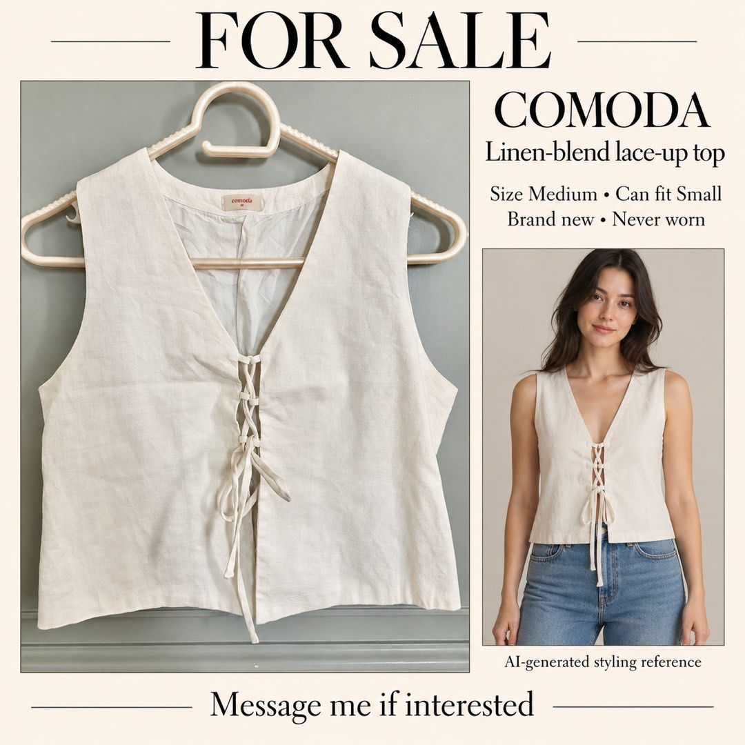 COMODA linen-blend top (Category: Others Tops) located in Makati City. Submitted by shoppingandthecity (Listing ID 1467612250, Image 1). Description: COMODA linen-blend top for sale 🤍 Off-white sleeveless top with a V-neck and lace-up front. Easy to pair with jeans, shorts or linen trousers. Size Medium, can fit Small — ₱550 Brand new, never worn..