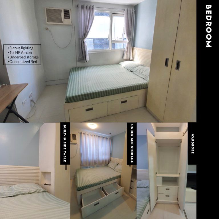 Condo for Rent: Pearl Place Ortigas (Category: Apartments & Condos) located in Caloocan City. Submitted by ryderaquino (Listing ID 1467678937, Image 3). Description: Enjoy convenient city living in Unit 14J at The Pearl Place, Ortigas. This thoughtfully furnished 23sqm unit features a queen-sized bed, sliding dividers for privacy, ample built-in storage, a study nook, and a kitchen equipped with appliances and a movable granite-top dining and pre