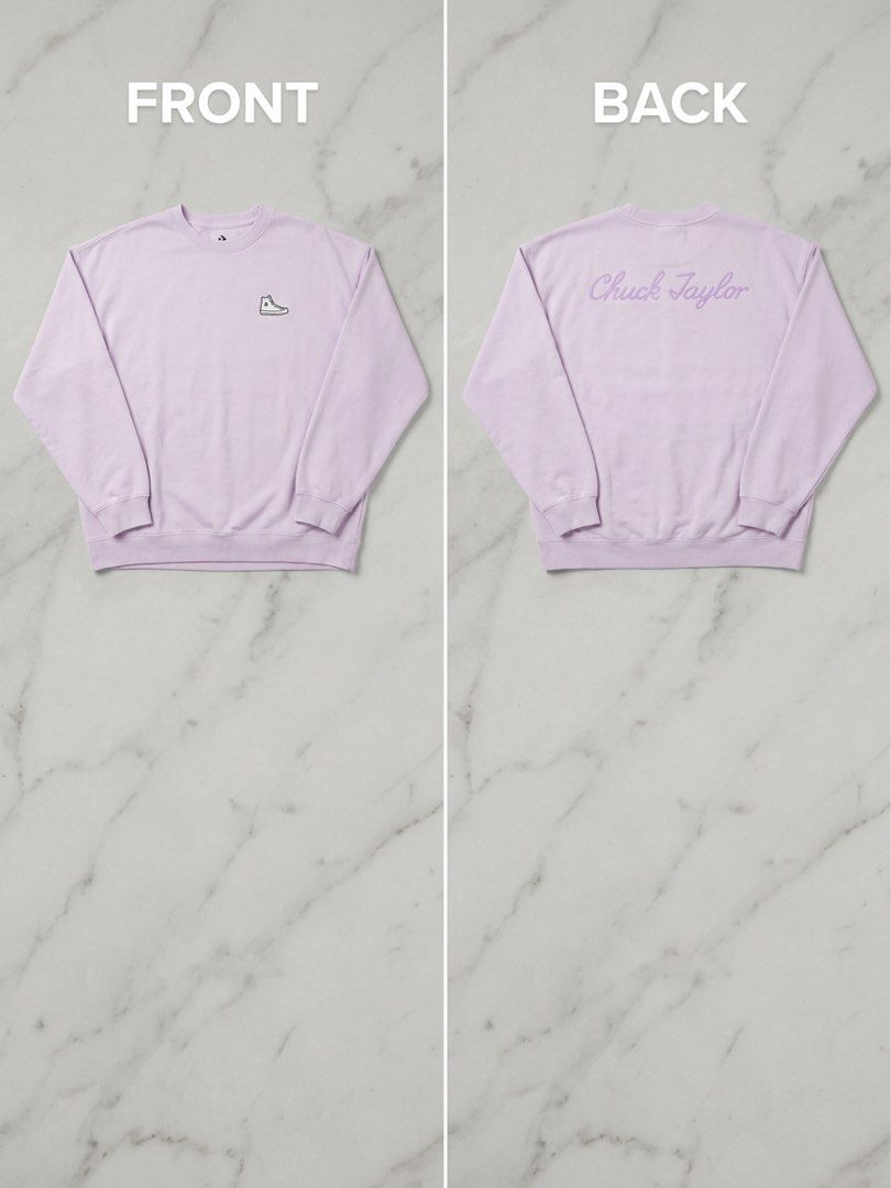 Converse Chuck Taylor Lilac Pastel Sweatshirt (Category: Coats, Jackets and Outerwear) located in Makati City. Submitted by bright.atiz0104 (Listing ID 1467638315, Image 1). Description: - Brand: Converse Chuck Taylor - Color: Light Purple / Lavender - Size: Small - Design: Small embroidered sneaker on the chest & large cursive Chuck Taylor script embroidered across the back shoulders - Material: Soft fleece interior for maximum comfort - Details