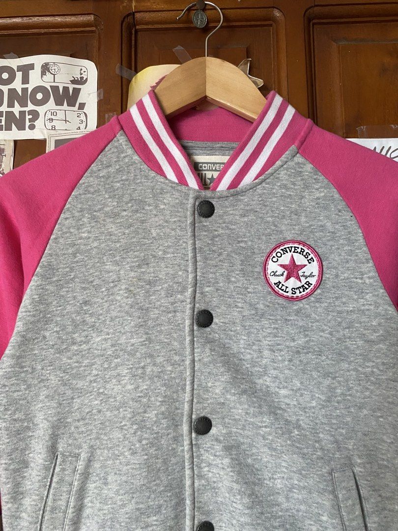 Converse Varsity Jacket in Gray and Pink (Category: Coats, Jackets and Outerwear) located in Calamba. Submitted by wearlikenobody (Listing ID 1467656011, Image 2). Description: Length: 21” Width: 16” Condition: 9/10 Issue: minor stains Size: fits XXS-XS in adults, M-L in teens .