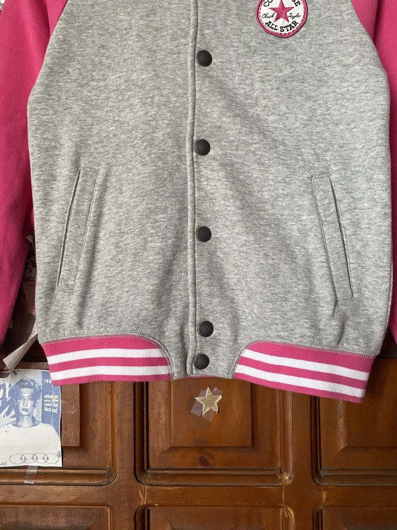 Converse Varsity Jacket in Gray and Pink (Category: Coats, Jackets and Outerwear) located in Calamba. Submitted by wearlikenobody (Listing ID 1467656011, Image 3). Description: Length: 21” Width: 16” Condition: 9/10 Issue: minor stains Size: fits XXS-XS in adults, M-L in teens .