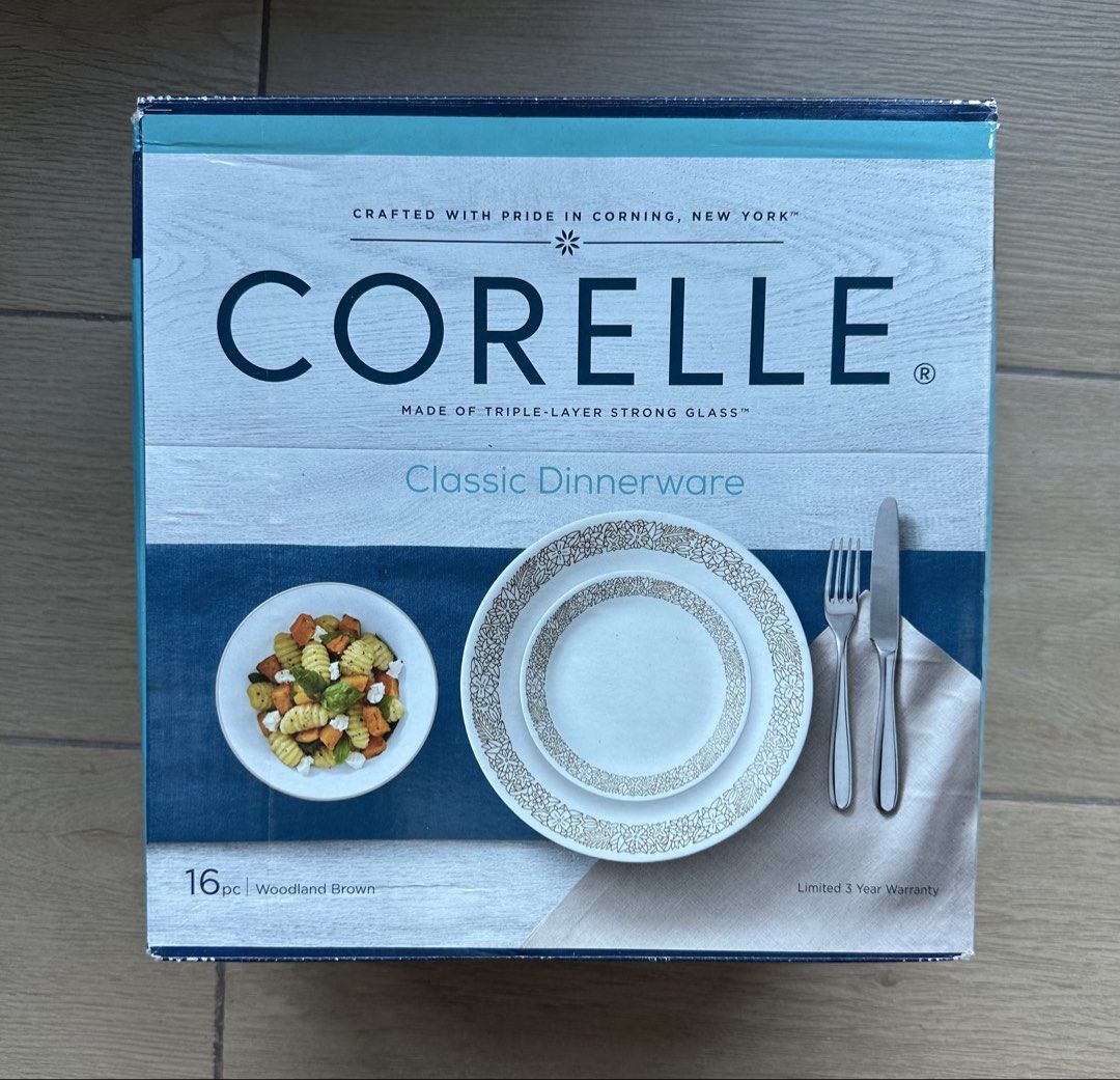 Corelle 16pc Classic Dinnerware Woodland Brown (Category: Dinnerware & Cutlery) located in Taguig. Submitted by preloved.by.belly (Listing ID 1467688292, Image 1). Description: - Authentic Corelle 16-piece dinnerware set in the classic Woodland Brown pattern - Complete set includes matching plates and bowls featuring detailed floral borders - Brand new, packed securely in its original box - Chip-resistant, lightweight, and stackable for easy stor