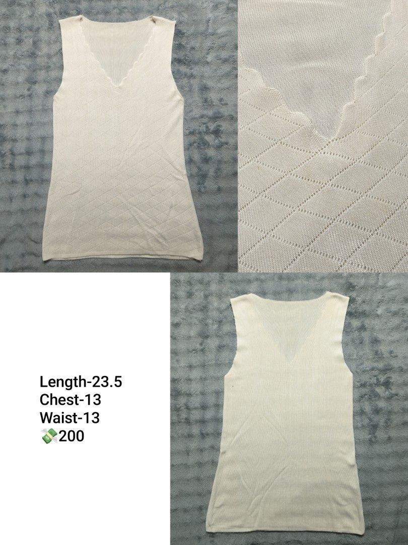 Cream Knit V-Neck Tank Top (Category: Sleeveless) located in Floridablanca. Submitted by vintager12 (Listing ID 1467734155, Image 1). Description: - Color: Cream - Design: Diamond knit pattern with scalloped V-neckline and ribbed back - Fabric: Lightweight knit - Fit/Dimensions: Length 23.5", Chest 13", Waist 13" - Style: Great basic piece for simple layering.