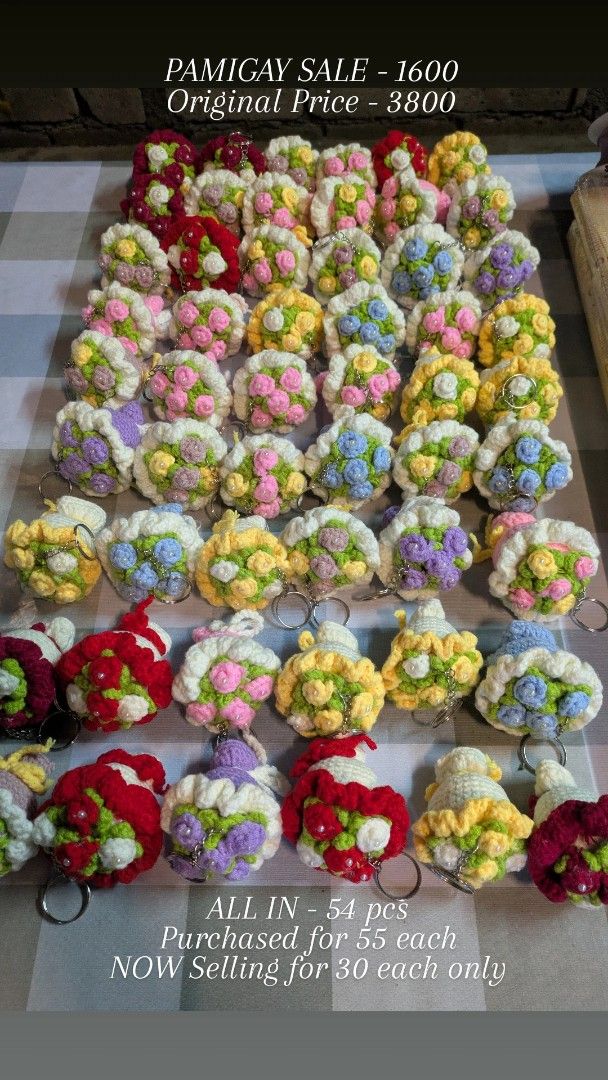 Crochet Flower Bouquet Keychains Bundle 54 pieces (Category: Handmade Craft) located in Caloocan City. Submitted by britab090405880 (Listing ID 1467772162, Image 1). Description: 🌸 PAMIGAY SALE 🌸 Perfect for nagtitipid na flower shop owners at reseller/seller ng accessories! 🌸 Mini Bouquet All in: ₱2,000 (54 pcs) Purchased for ₱3,800+ 🏵️ Flower Bouquet Prep Materials Pamigay price: ₱500 Total original price: ₱750+ With freebies pag sure buyer