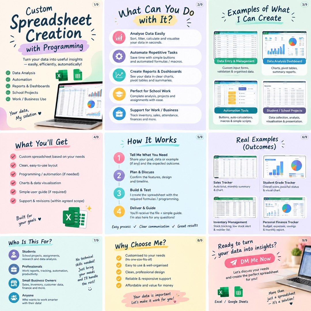 Custom Excel & Google Sheets Creation with Programming (Category: Assessment Books) located in Singapore. Submitted by silksoyapuddingsg_750 (Listing ID 1467608989, Image 1). Description: - Custom spreadsheets for students, professionals, and small business owners - Automate repetitive tasks and track inventory, sales, finances, or projects - Features clean layouts, data visualisation, and advanced formulas - Fully compatible with both Microsoft 
