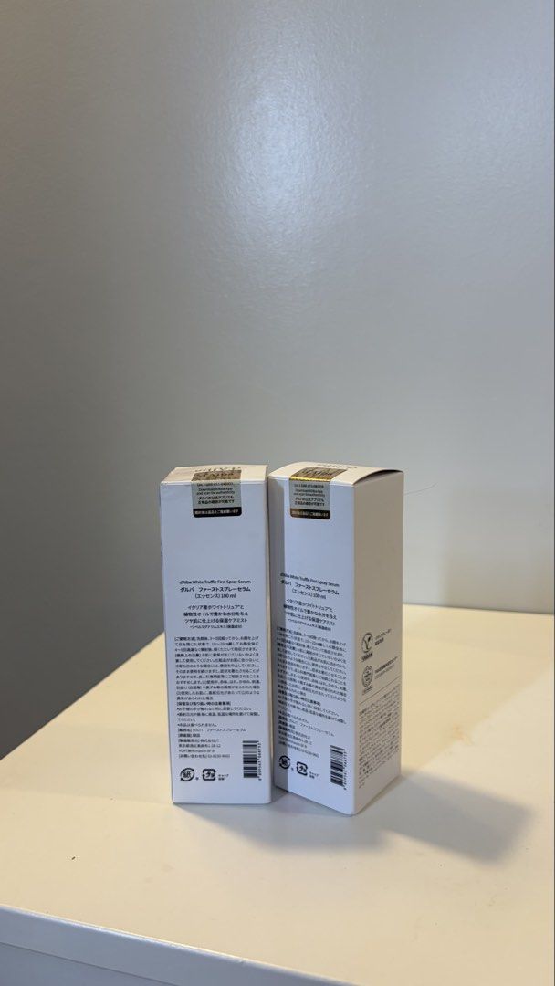 d'Alba White Truffle First Spray Serum 100ml Set (Category: Face Care) located in Davao. Submitted by pixelsbyenna (Listing ID 1467657654, Image 2). Description: - Product: d'Alba First Spray Serum (Bundle of 2 bottles, 100ml each) - Key Ingredients: Enriched with Italian white truffle for intense hydration and radiant skin - Condition: Brand new, unopened white boxes with Japanese text on back labels - Benefits: Ultimate Korean skincare staple f