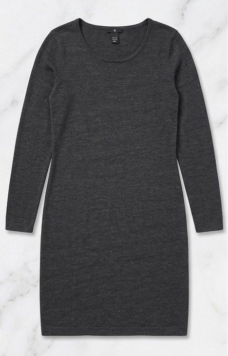 Dark Grey Long Sleeve Knit Dress (Category: Dresses) located in Makati City. Submitted by bright.atiz0104 (Listing ID 1467648657, Image 1). Description: - Color: Dark grey with a subtle heathered texture - Size: M - Material: Soft, comfortable knit fabric - Design: Long sleeves, scoop neckline, and a simple fitted silhouette - Length: Hits right above the knee - Versatility: Easy to dress up or down with different footwear.