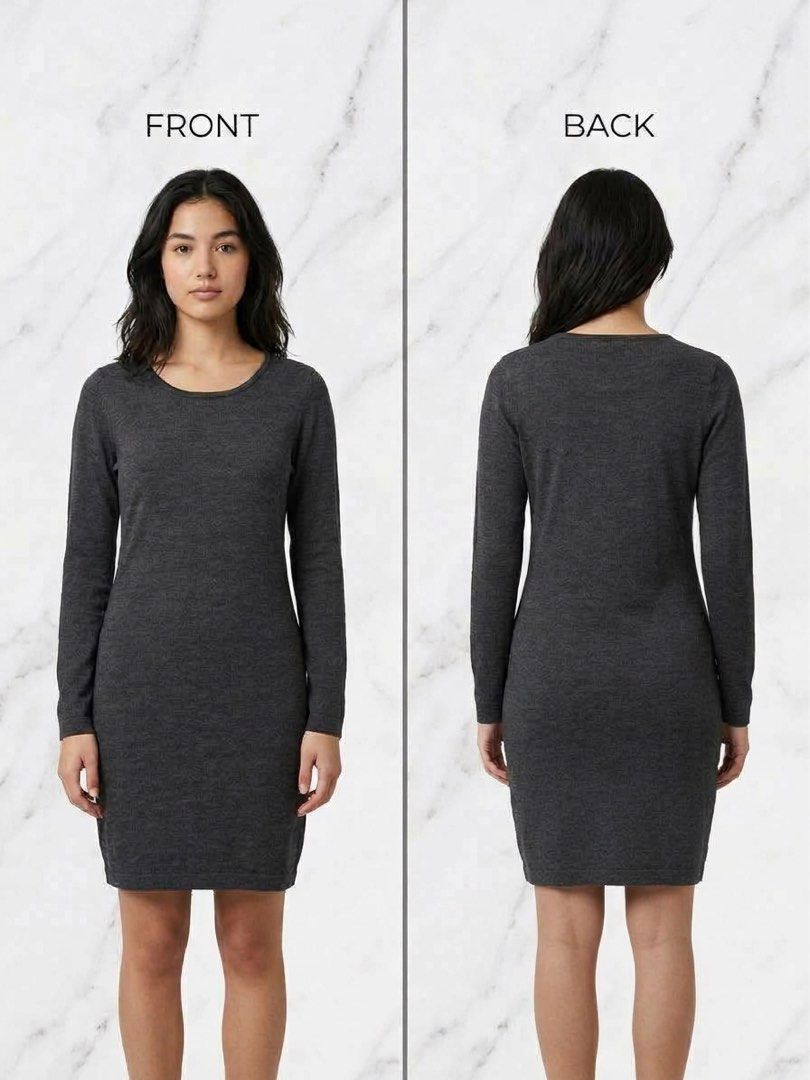 Dark Grey Long Sleeve Knit Dress (Category: Dresses) located in Makati City. Submitted by bright.atiz0104 (Listing ID 1467648657, Image 2). Description: - Color: Dark grey with a subtle heathered texture - Size: M - Material: Soft, comfortable knit fabric - Design: Long sleeves, scoop neckline, and a simple fitted silhouette - Length: Hits right above the knee - Versatility: Easy to dress up or down with different footwear.
