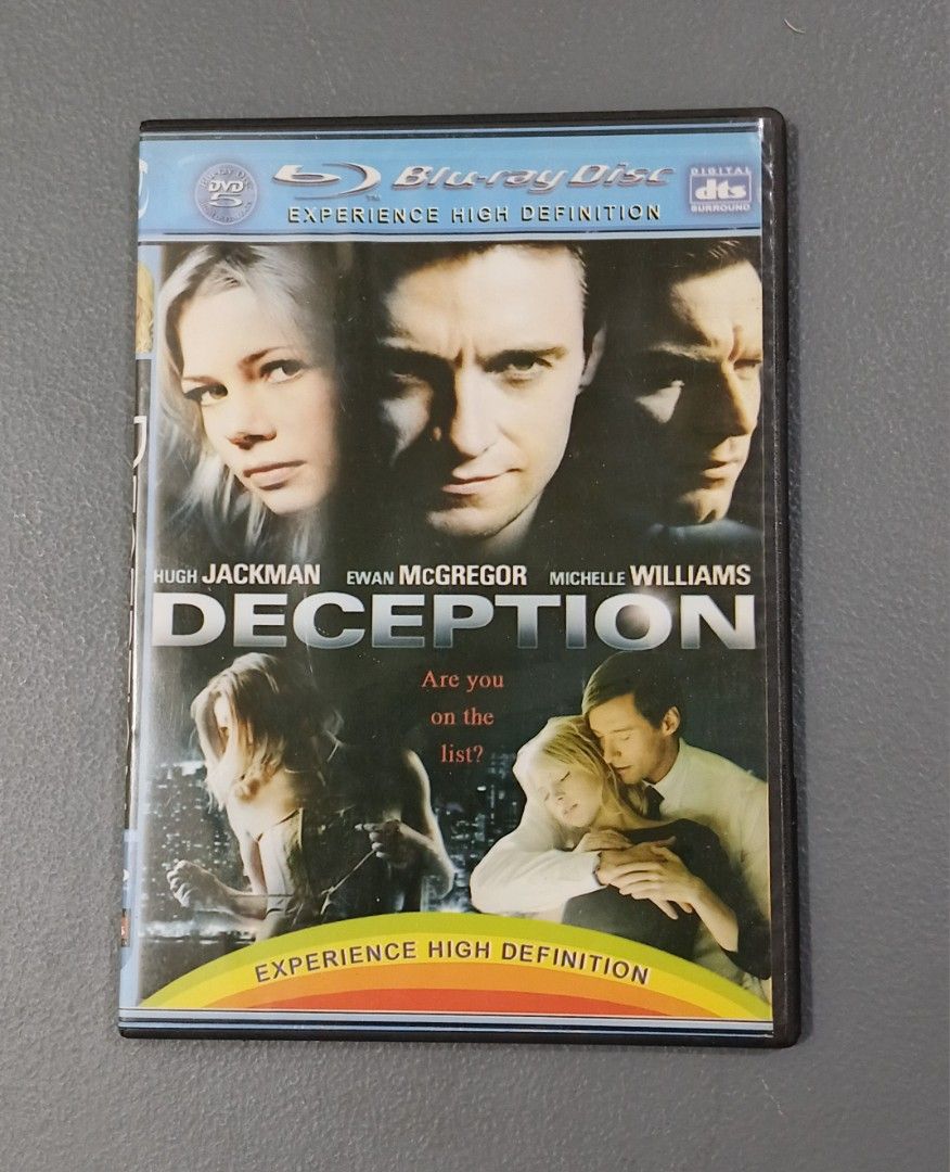 Deception Blu-ray Disc Hugh Jackman Ewan McGregor (Category: CDs & DVDs) located in Bulacan. Submitted by honhonliz (Listing ID 1467725524, Image 1). Description: - Movie: Deception (Thriller) - Format: Blu-ray Widescreen Edition - Cast: Hugh Jackman, Ewan McGregor, Michelle Williams - Condition: Brand new with plastic wrap, includes case and disc - Special Features: Interactive menus, trailer access, production notes, and deleted scenes.