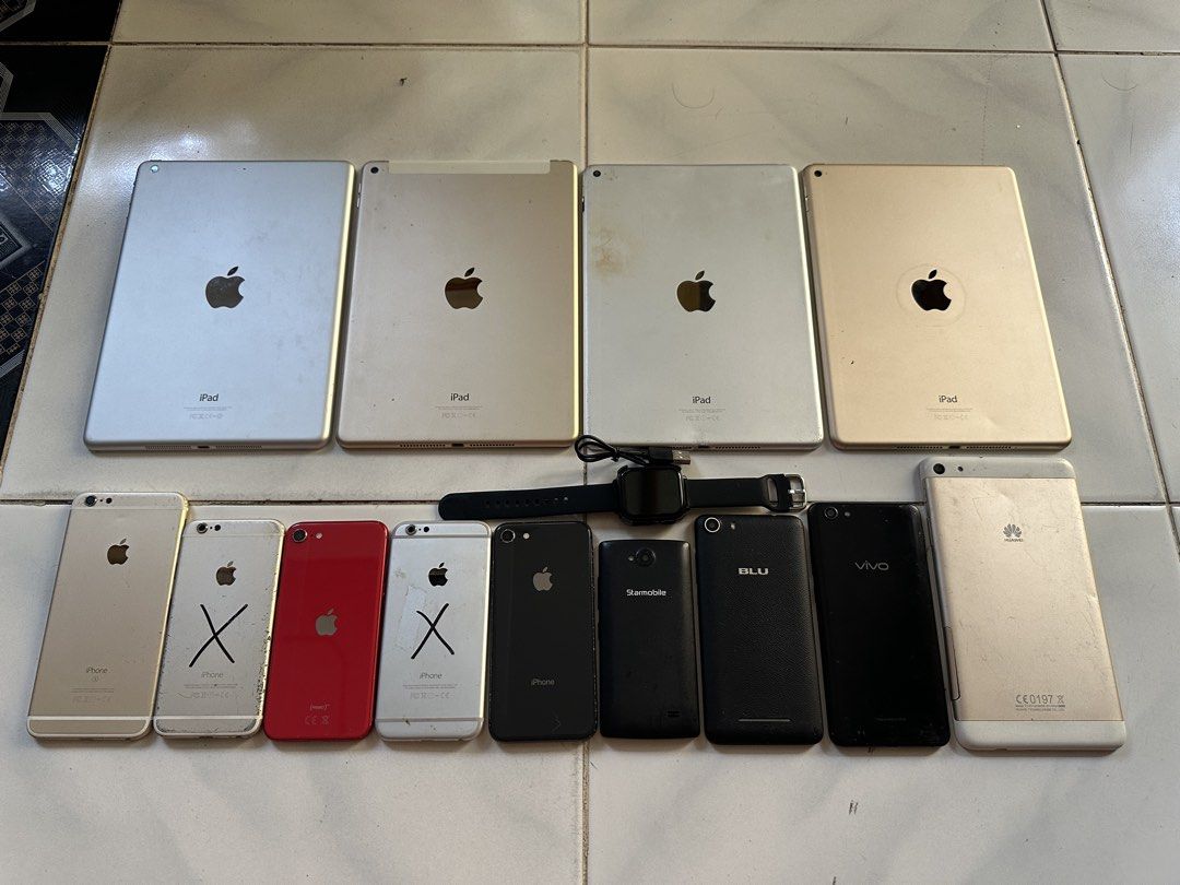 Defective Devices (Bundle of 14) (Category: Early Generation Mobile Phones) located in Carmona. Submitted by ed.barraca (Listing ID 1464667072, Image 2). Description: PAKIBASA ANG DESCRIPTION NG LISTING NA ITO BAGO MAGOFFER. For Sale! Defective Devices (Bundle of 14) Models included: ➡️ (3x) iPad Air 2 ➡️ (1x) iPad Air 1 ➡️ (1x) Huawei Mediapad T1 7.0 ➡️ (1x) iPhone 6s Plus ➡️ (2x) iPhone 6 ➡️ (2x) iPhone 8 ➡️ (1x) Starmobile Play Five ➡️ (1x) Vi
