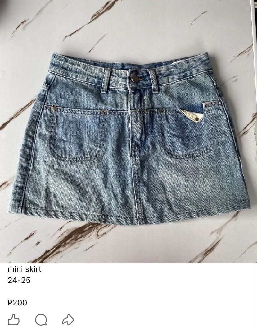 Denim Mini Skirt Size 24-25 (Category: Skirts) located in Manila. Submitted by baddest_seles (Listing ID 1467612190, Image 1). Description: decluttering — preloved clothes 🧺🤍 hello! i’m selling some of my personal preloved & bnew clothes 🚨 NOTE * items are still in good condition * colors may slightly vary due to lighting * mine basis, auto yours (no cancellation) 📍Quezon City 🧾: gcash or cash lalamove | j&t MANAGE YOUR EXPECTATIONS AS YOU’R