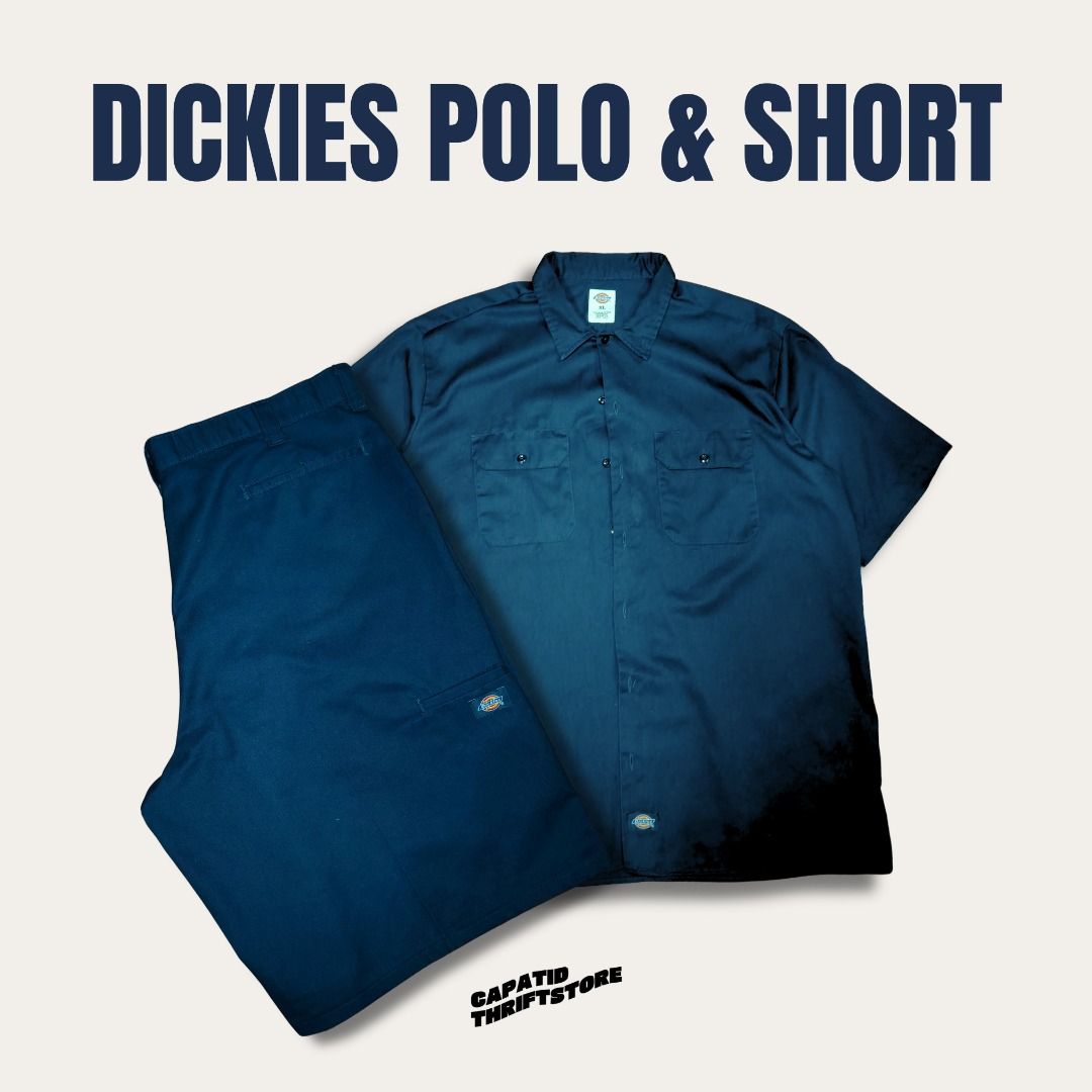 Dickies Polo and Short Set (Category: Sets or Coordinates) located in Manila. Submitted by capatidthrift (Listing ID 1467687695, Image 1). Description: - Brand: Dickies - Color: Dark Navy - Style: Matching Polo Shirt and Shorts Set (Utility Look) - Material: 65% Polyester, 35% Cotton (Durable blend) - Details: Signature Dickies patch logo on both pieces - Shirt Size (XL): 26 inches (width) x 30 inches (length) - Shorts Size: 40 inches (waist) x 2