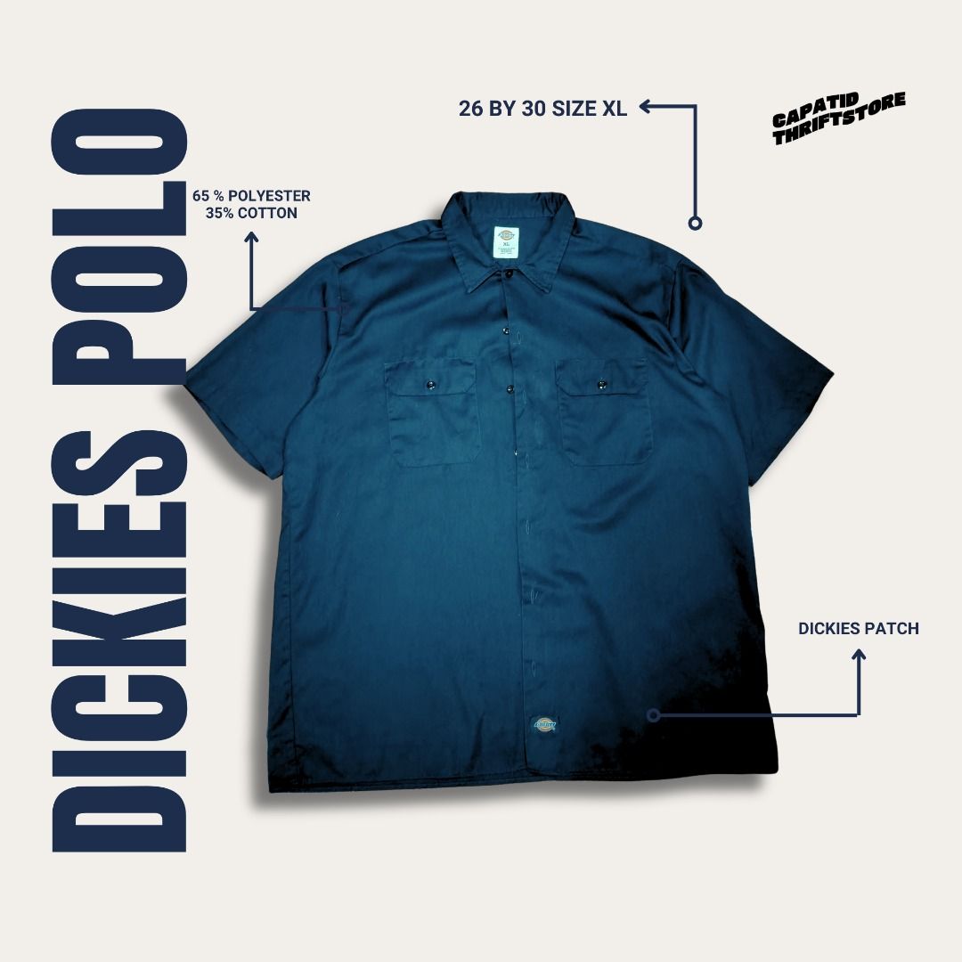Dickies Polo and Short Set (Category: Sets or Coordinates) located in Manila. Submitted by capatidthrift (Listing ID 1467687695, Image 3). Description: - Brand: Dickies - Color: Dark Navy - Style: Matching Polo Shirt and Shorts Set (Utility Look) - Material: 65% Polyester, 35% Cotton (Durable blend) - Details: Signature Dickies patch logo on both pieces - Shirt Size (XL): 26 inches (width) x 30 inches (length) - Shorts Size: 40 inches (waist) x 2