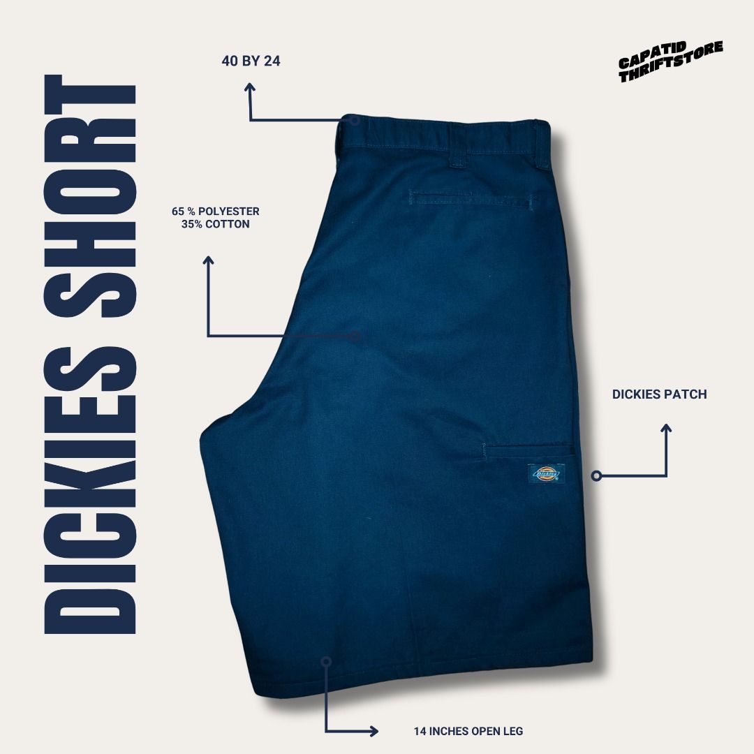Dickies Polo and Short Set (Category: Sets or Coordinates) located in Manila. Submitted by capatidthrift (Listing ID 1467687695, Image 2). Description: - Brand: Dickies - Color: Dark Navy - Style: Matching Polo Shirt and Shorts Set (Utility Look) - Material: 65% Polyester, 35% Cotton (Durable blend) - Details: Signature Dickies patch logo on both pieces - Shirt Size (XL): 26 inches (width) x 30 inches (length) - Shorts Size: 40 inches (waist) x 2