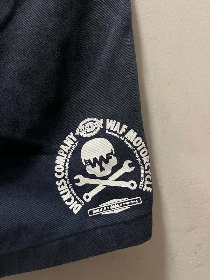 Dickies x WAF Motorcycle Collab Work Navy Blue Shorts (Category: Shorts) located in Mandaluyong City. Submitted by thruftss (Listing ID 1467807944, Image 3). Description: Dickies x WAF Motorcycle Collab Work Navy Blue Shorts DIMES: 34 x 24.5 ISSUE: Small Print Stains PRICE: 900 PESOS + SHIPPING FEE.