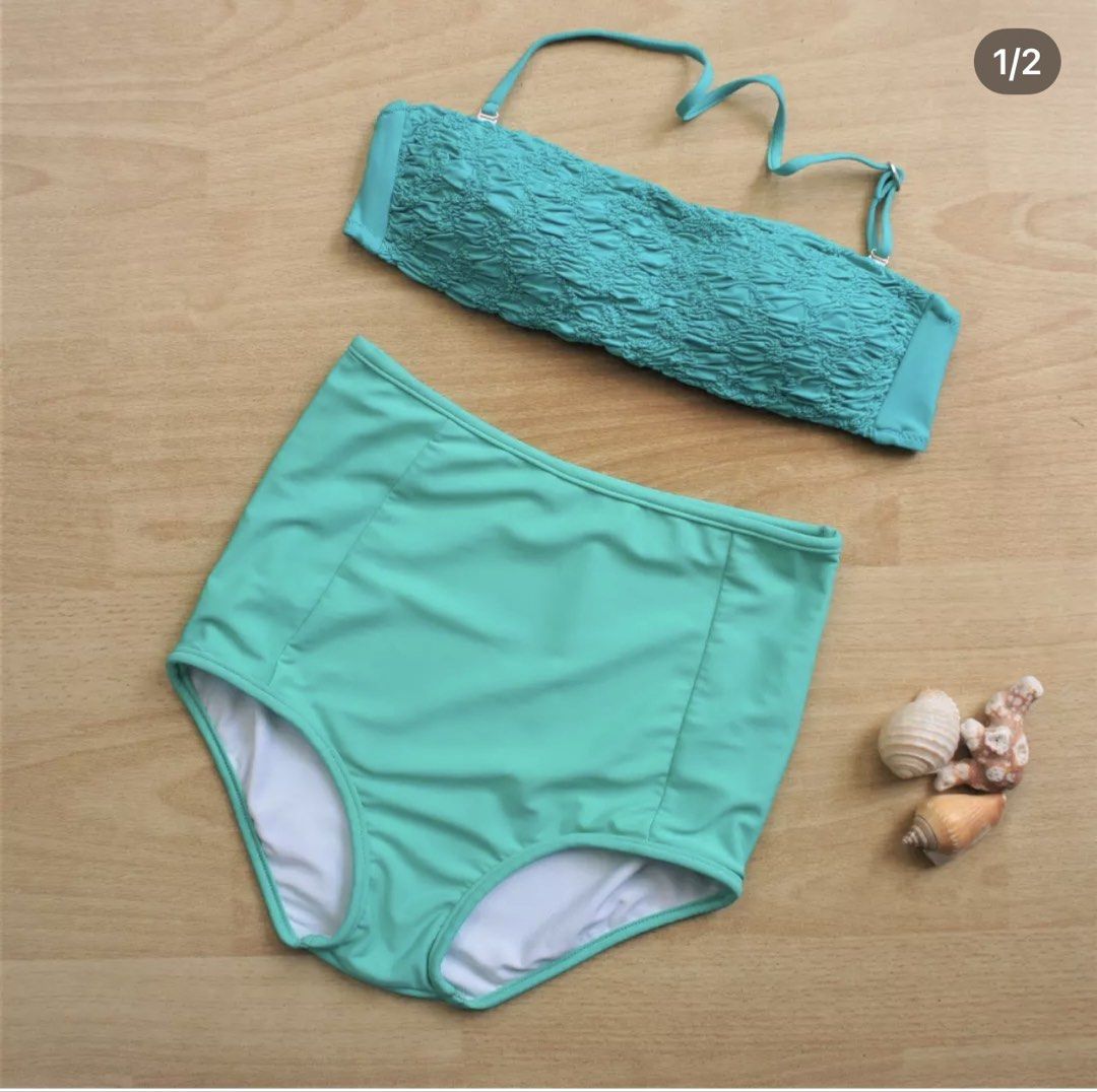 Donna's Mint Green High-Waisted Bikini Set (Category: Bikinis & Swimsuits) located in Bulacan. Submitted by peach1025 (Listing ID 1467652925, Image 1). Description: - Brand: Donna's - Condition: Brand new with tags (BNWT), never worn - Color: Mint green with white lining - Size: Medium (44/3) - Top: Bandeau style with textured smocking, adjustable and removable straps, and tie back - Bottoms: High-waisted style - Perfect for: Summer beach days an