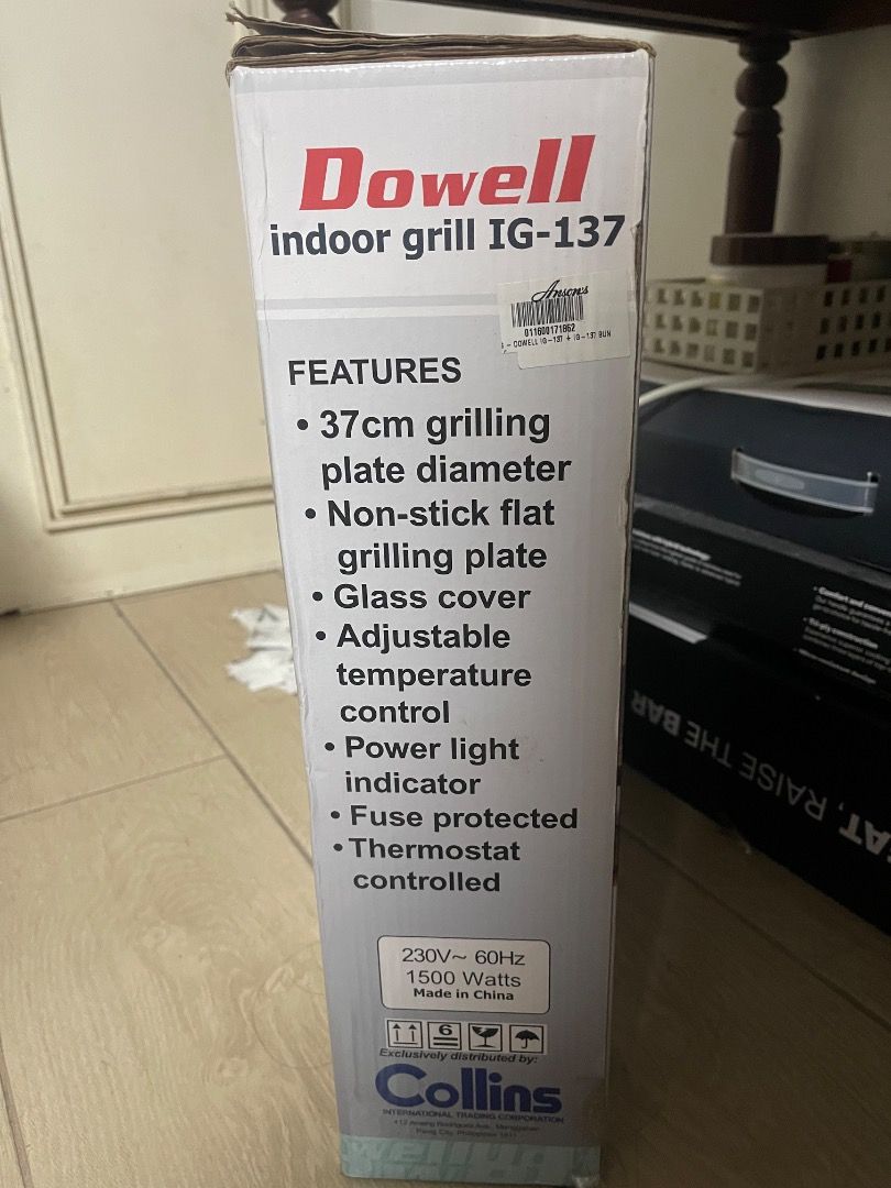 Dowell Indoor Grill IG-137 (Category: BBQ, Grills & Hotpots) located in Subic. Submitted by anything_lovely_under_the_sun (Listing ID 1467756651, Image 2). Description: - Brand new in original box: Dowell Indoor Grill Model IG-137 - Perfect for indoor samgyup, barbecue, and grill nights with minimal smoke - 37cm non-stick flat grilling plate with a clear glass cover - Adjustable temperature control with thermostat and power light indicator - Equi